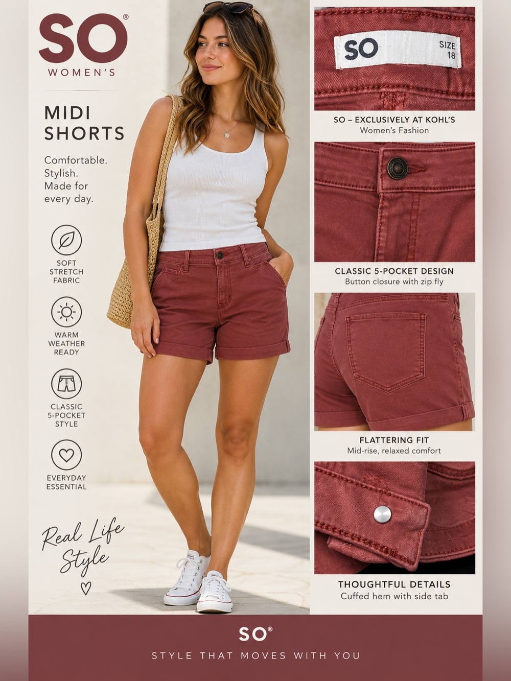 SO Women's Midi Shorts in Brick Red - Classic 5-Pocket
